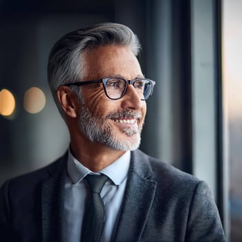 Firefly a happy mature business executive in glasses looking out the window, low key 97186